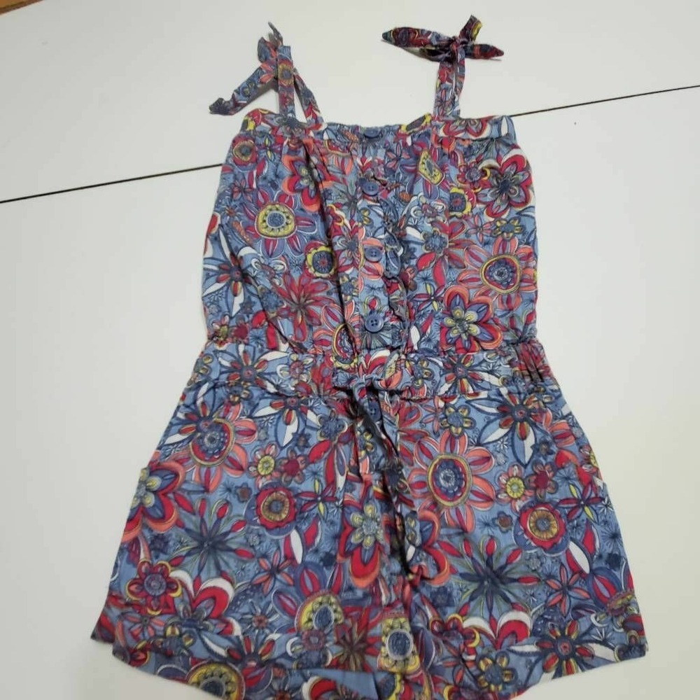 Old Navy Girls Romper Blue Red Floral Tie Front Sleeveless Knot Buttons XS